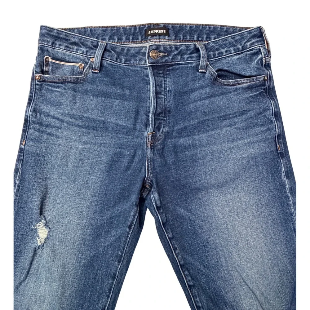 EXPRESS Slim Straight Men Jeans‎ Dark Wash Distressed Button Fly 36x32